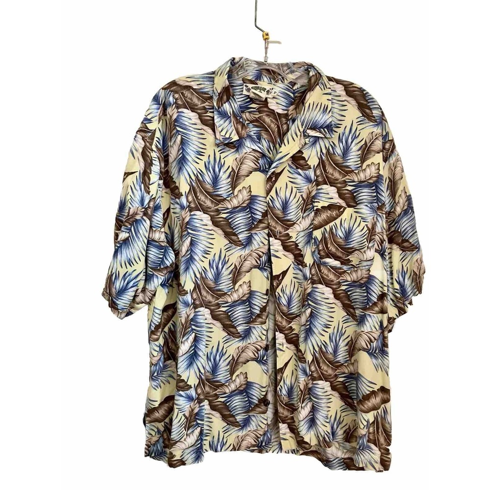 Hawaiian Tropic Shirt Men's XL Collared Button‎ Up 100% Rayon tropical leaves